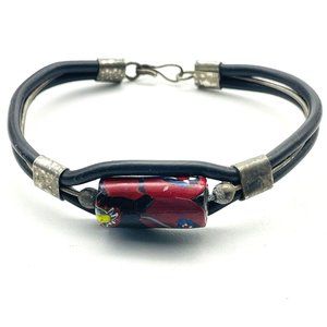 Multicolor Bead Bracelet Silver Tone Faux Leather Polymer Clay Boho Festival